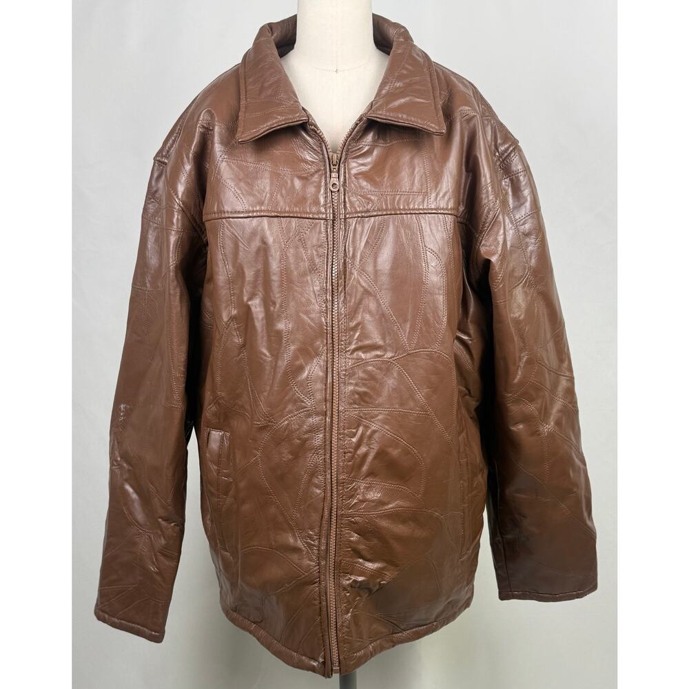 Distressed Brown Leather Jacket XL Faux Fur Lined Vintage Patchwork Zip Coat‎